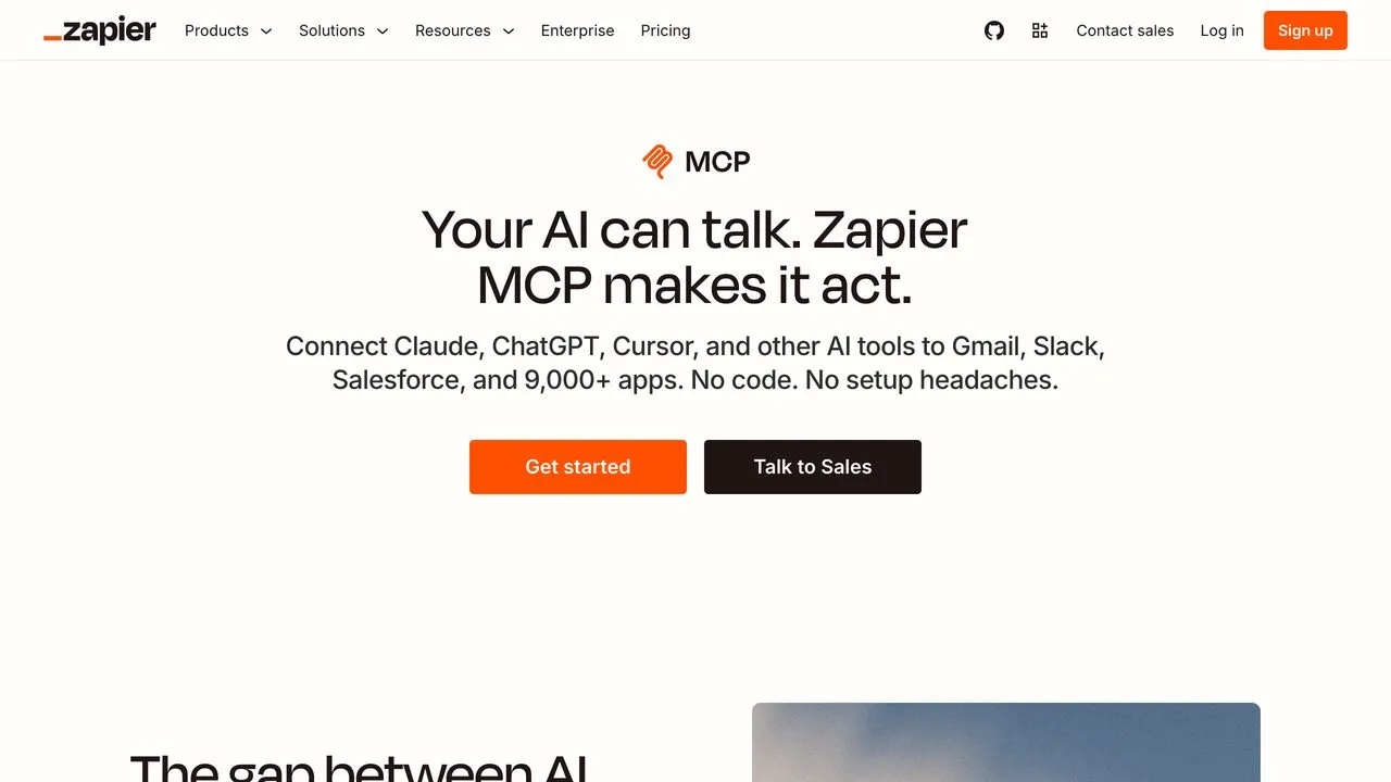 Zapier MCP server connecting Claude and other AI tools to 9,000+ apps with no code
