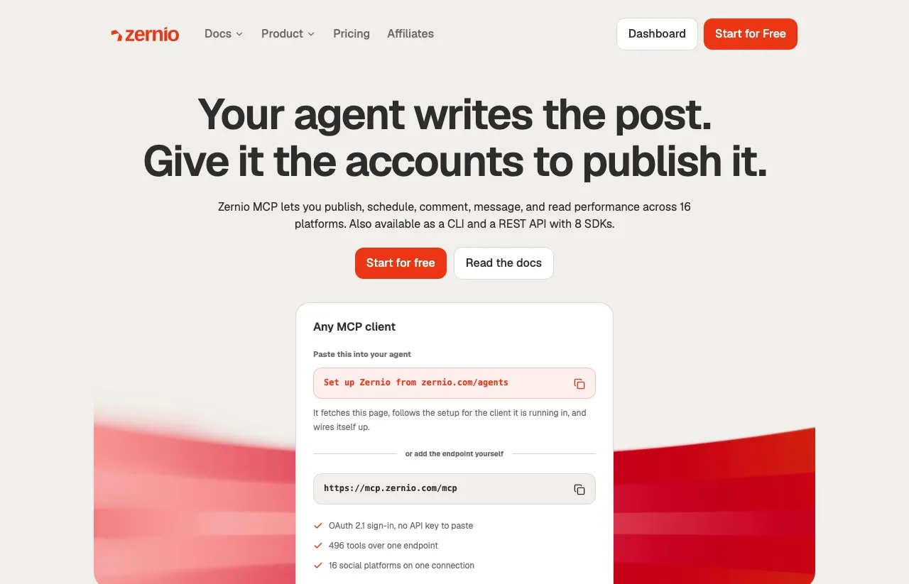 Zernio's agents page showing its MCP endpoint, OAuth sign-in, 496 tools and 16 platforms on one connection.