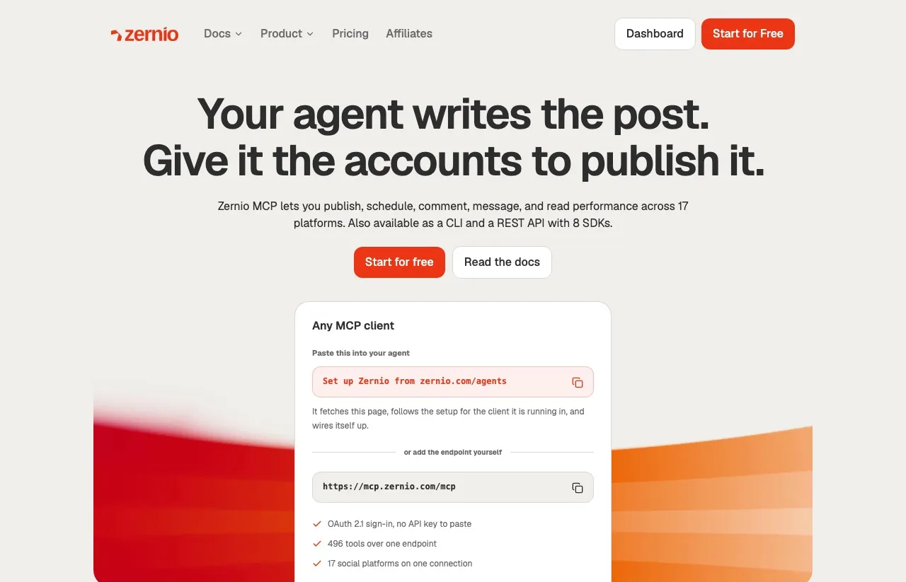 Zernio's agents page describing its MCP server and the 496 tools an agent can search.