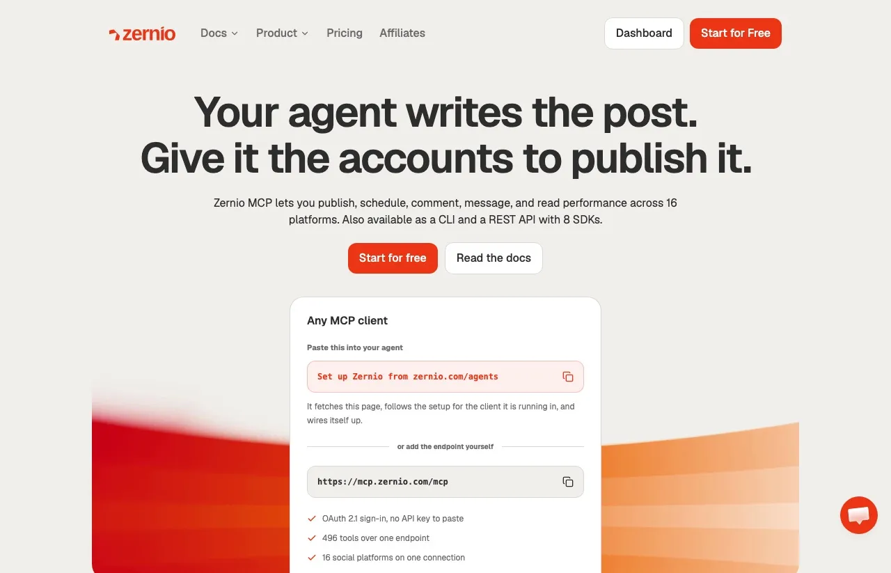 Zernio's agents page: the MCP endpoint, OAuth sign-in, 496 tools over one endpoint, and 16 platforms on one connection.