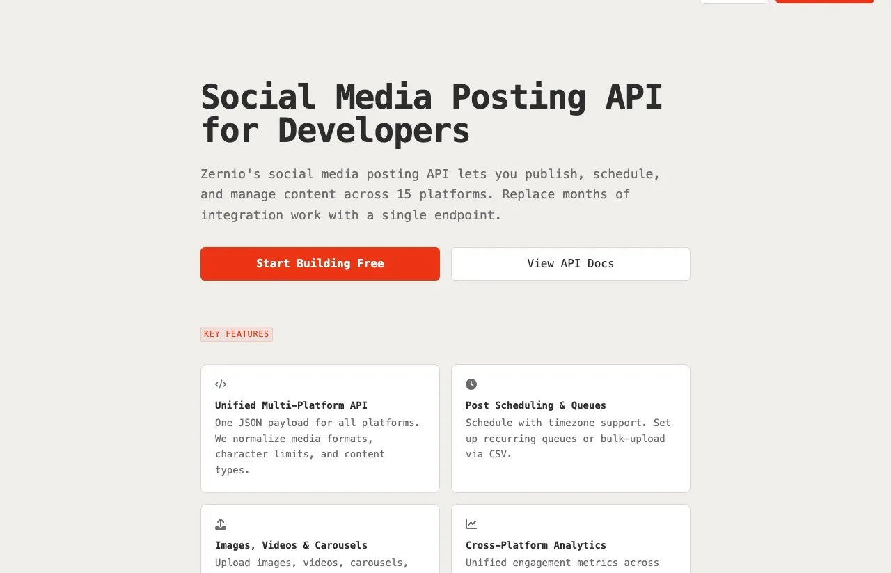 Zernio's social media posting API page showing publishing across 15 platforms from one endpoint.