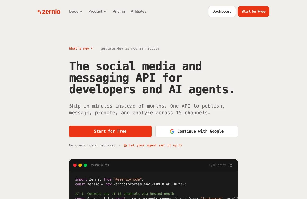 The Zernio homepage in 2026 positioning the product as a usage-based social media API platform.