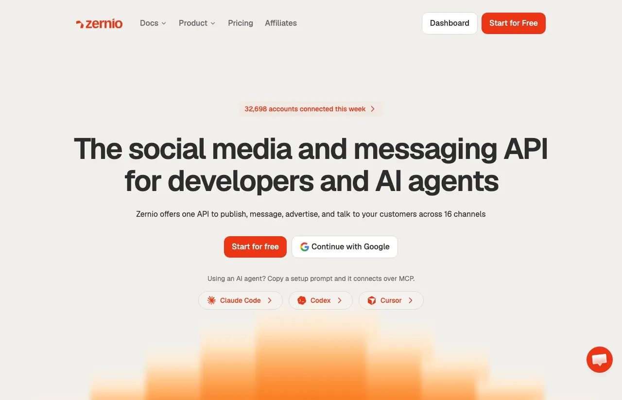 Zernio's homepage describing a social media and messaging API for developers and AI agents across 16 channels, with MCP setup prompts for Claude Code, Codex, and Cursor.