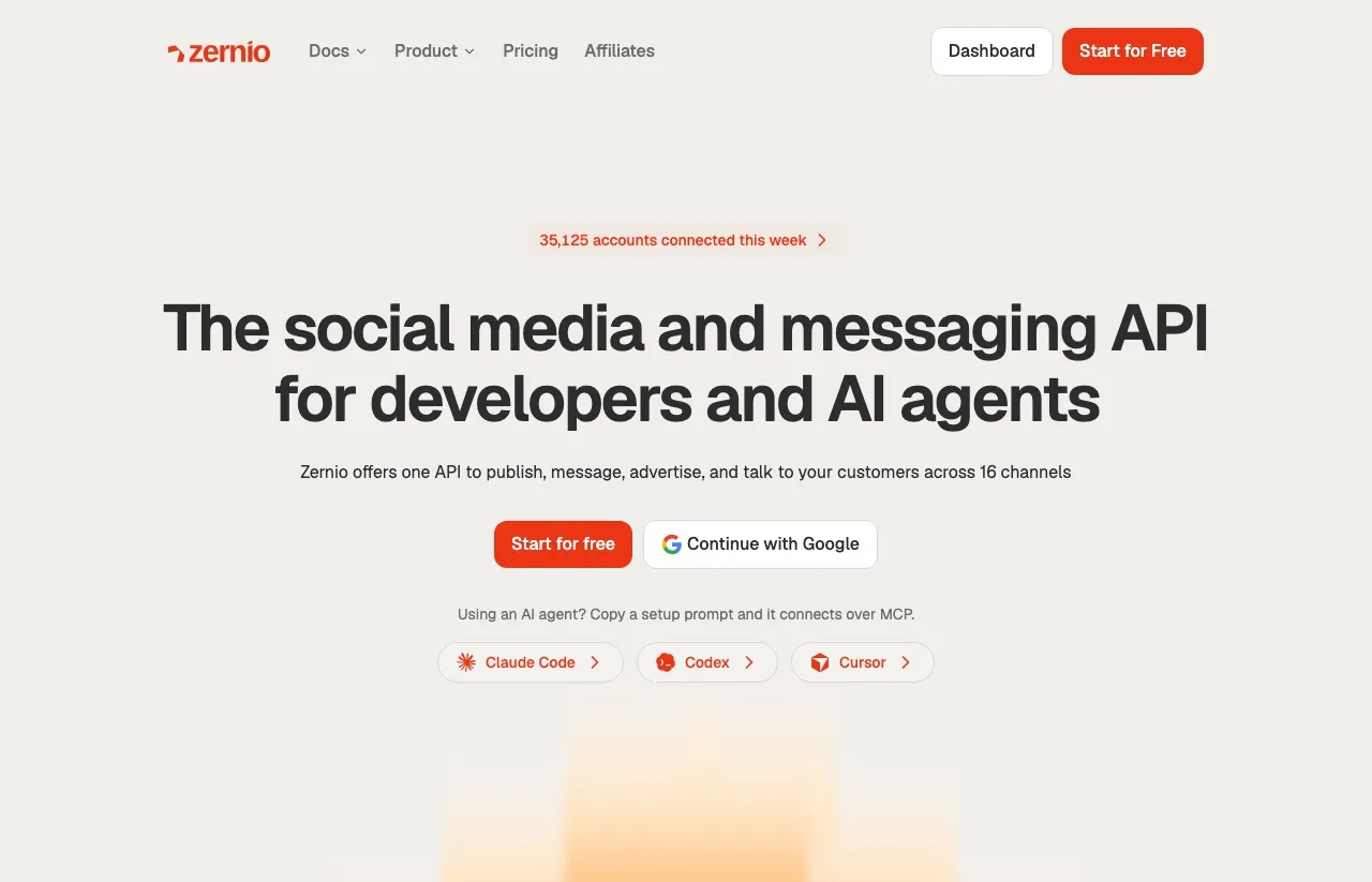 Zernio's homepage positioning its API across social accounts, ads, messaging and calls.