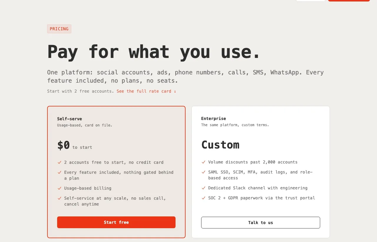 Zernio's pricing page showing a free start at two accounts, then $6, $3, and $1 per account bands.