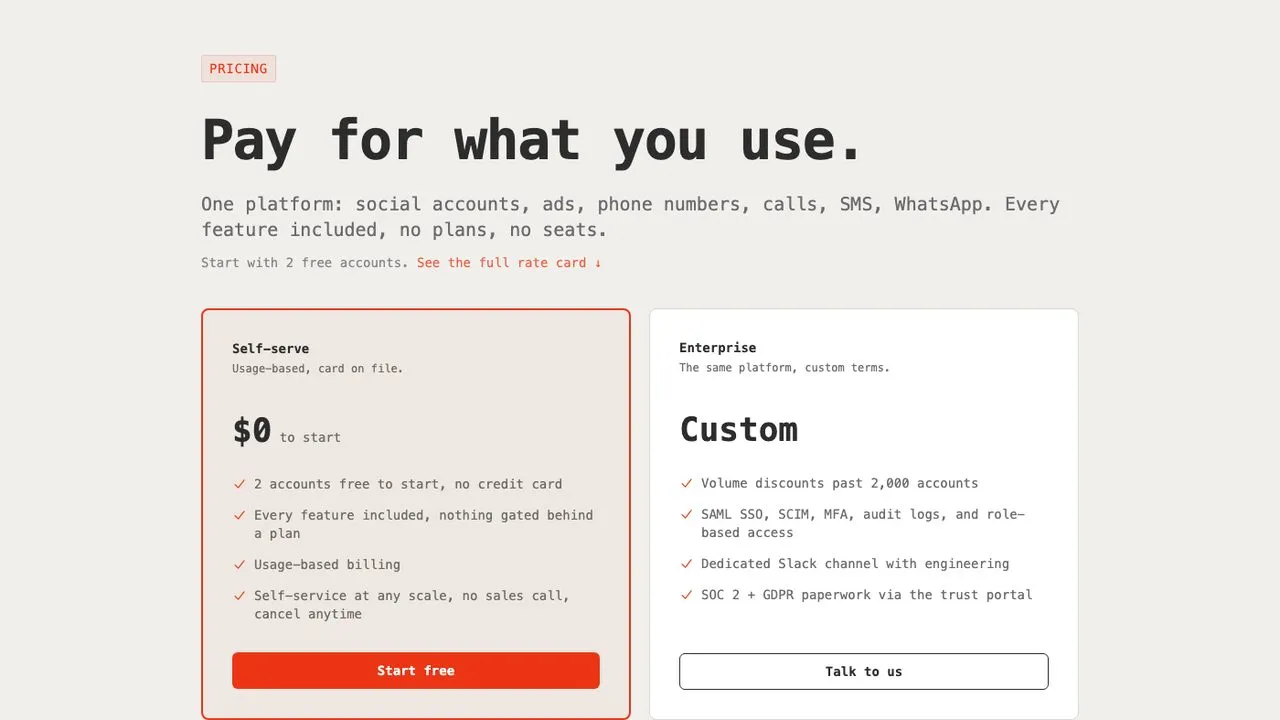 Post Bridge alternatives: Zernio pricing page showing its per-account rate card