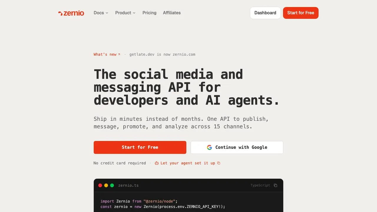 SocialBee alternatives: Zernio homepage showing its social media and messaging API
