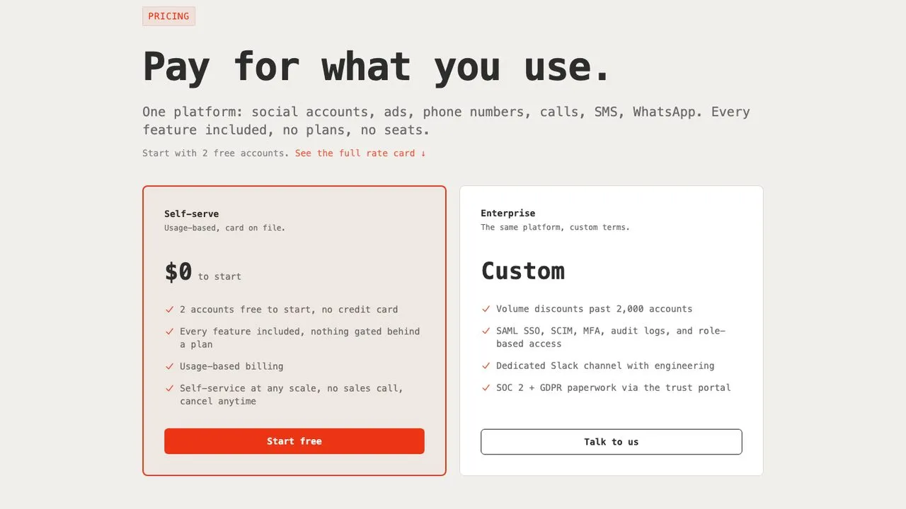 SocialAPI alternatives: Zernio usage-based pricing with two free accounts