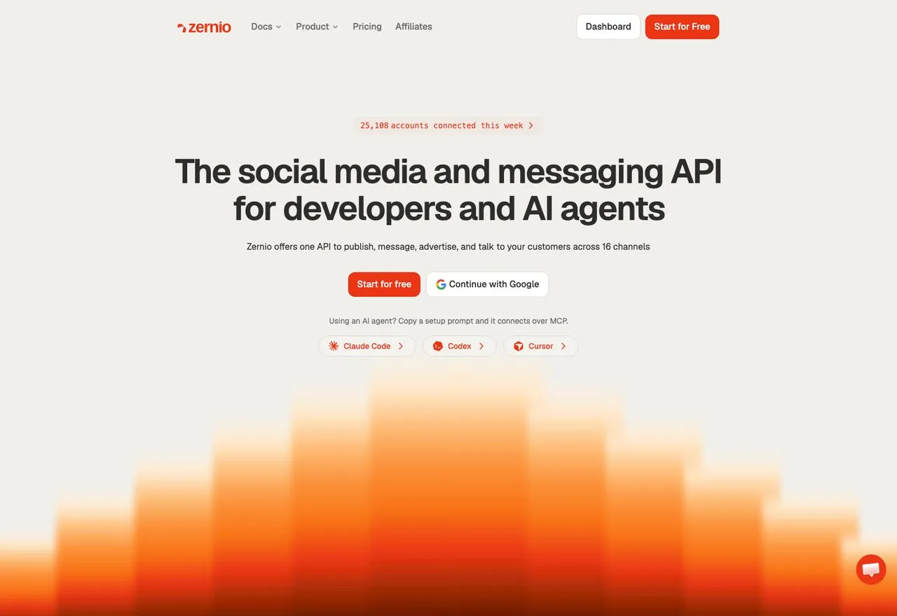 Zernio social media and messaging API homepage for developers and AI agents