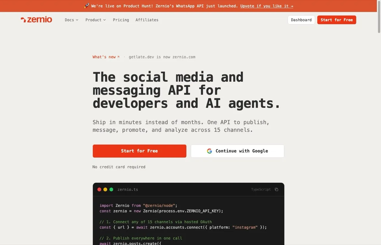 Ayrshare alternative Zernio homepage showing developer-first social posting API with per-account pricing