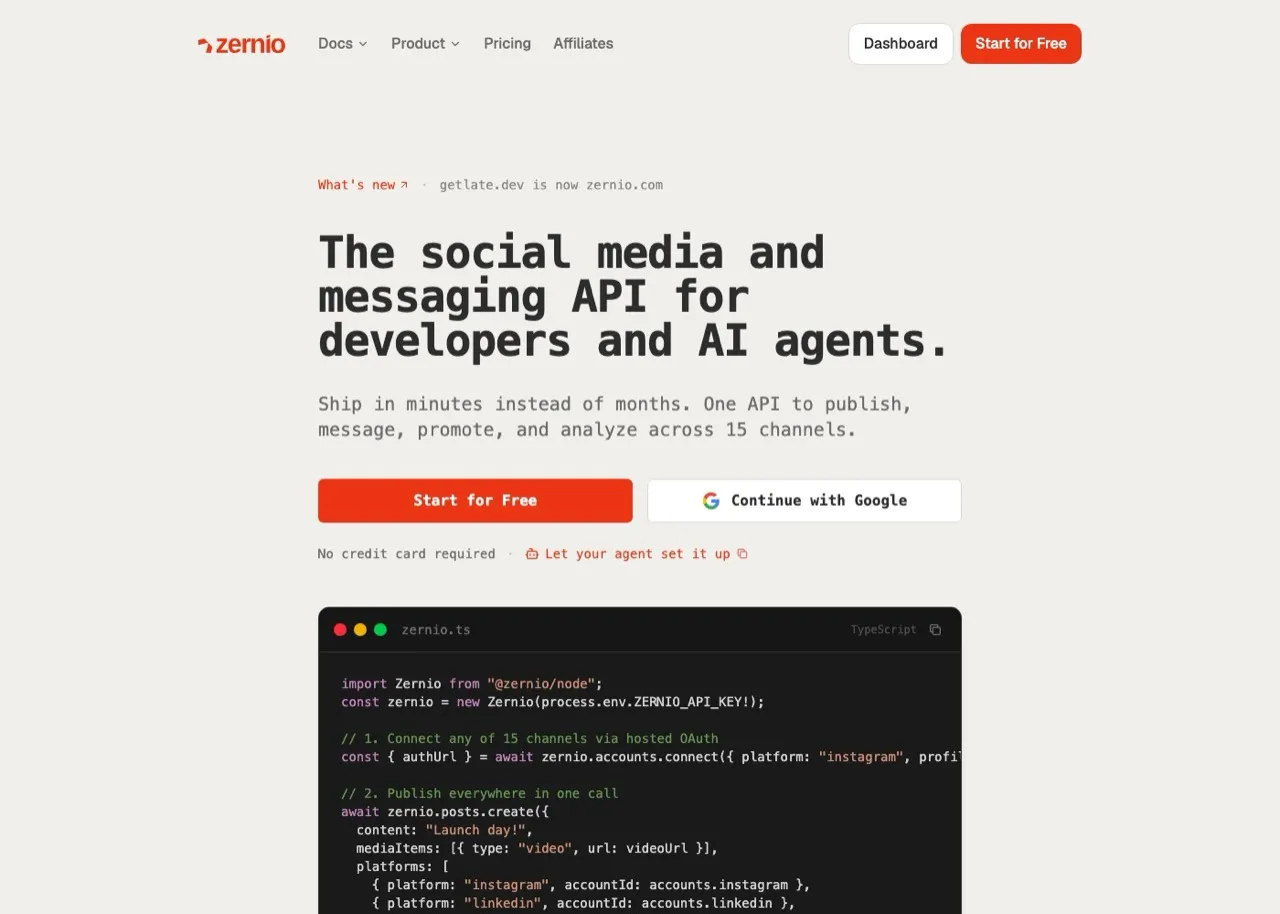 Postproxy alternative Zernio homepage showing a social media and messaging API for developers and AI agents