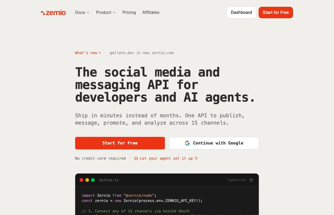 Upload-Post alternative Zernio homepage showing per-account social media API pricing for agencies