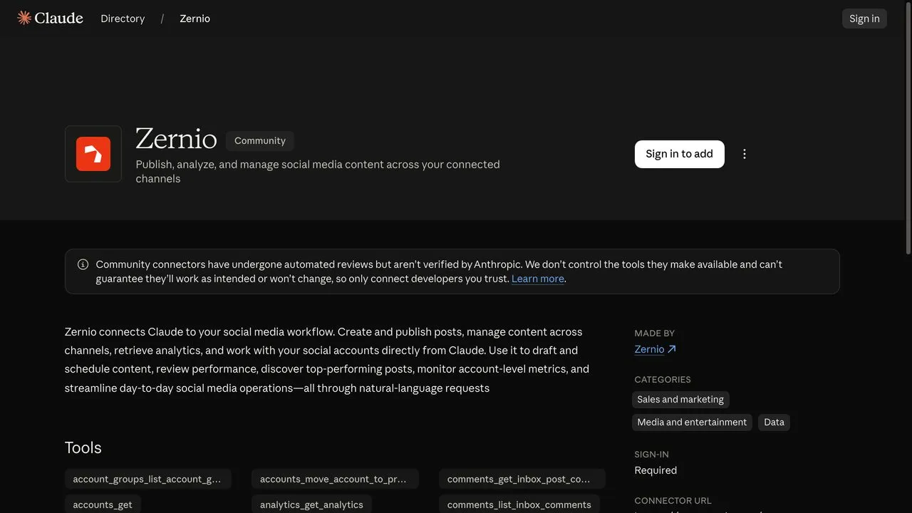 Best Claude connectors for social media: Zernio's Community listing in Claude's connector directory