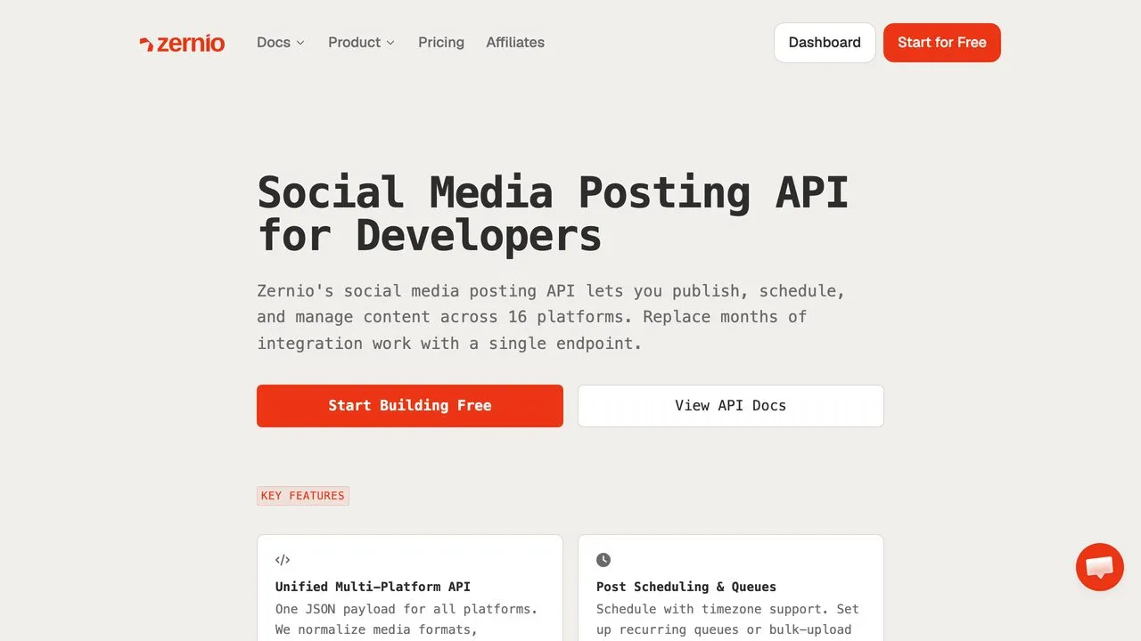 Zernio social media posting API for developers with scheduling and queues across 16 platforms