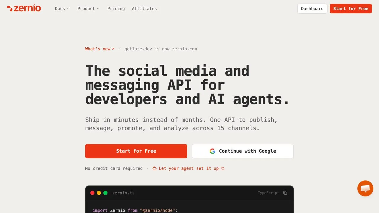 Zernio social media and messaging API for developers and AI agents, formerly Late