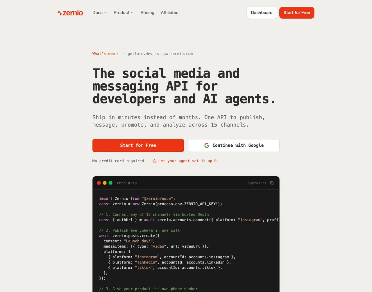 SocialClaw alternative Zernio, per-account social media API pricing homepage