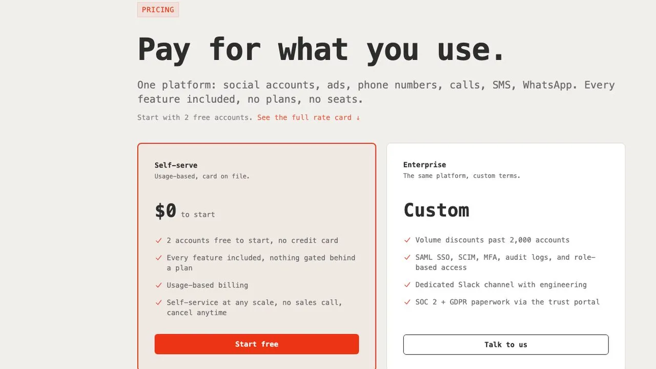 Metricool alternative Zernio pricing page showing a usage-based rate card