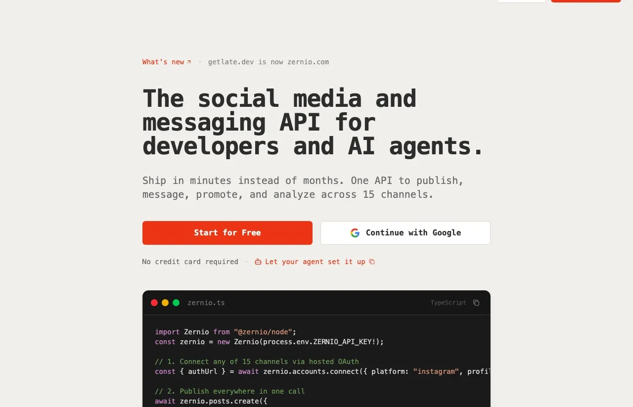 Zernio's homepage describing a social media and messaging API for developers and AI agents across 15 channels.