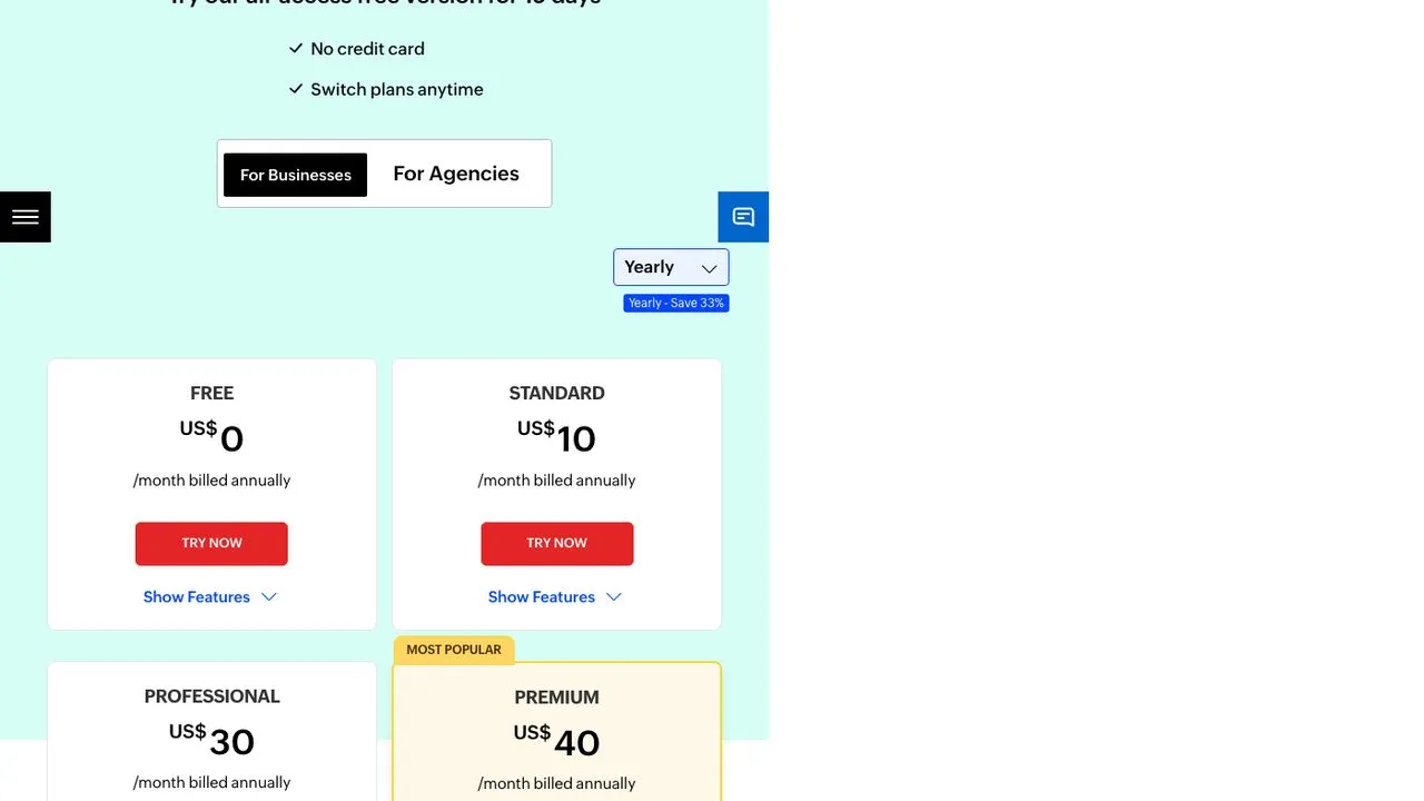 Zoho Social pricing page showing plans starting at $15 a month, or $10 on annual billing